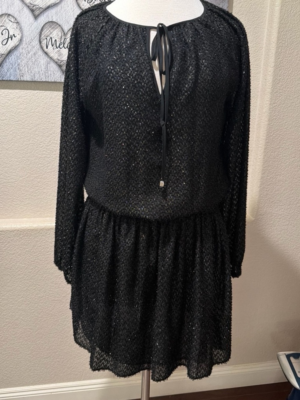 Michael Kors Black Long-Sleeve Tie-Neck Glitter Dress - Picture 1 of 3